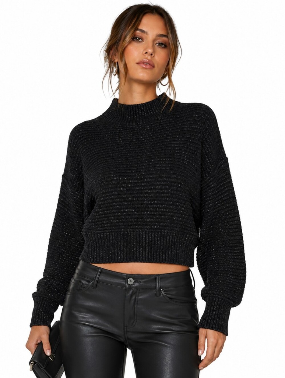 Y2K Express Cropped Sparkly Sweater M Mock Neck Black Metallic Chunky Relaxed